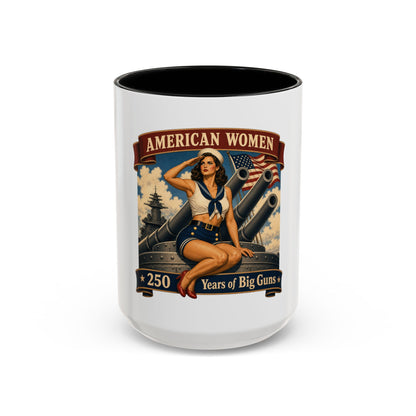 Coffee Mug — "American Women: 250 Years of Big Guns" Vintage Pin-Up Navy Design