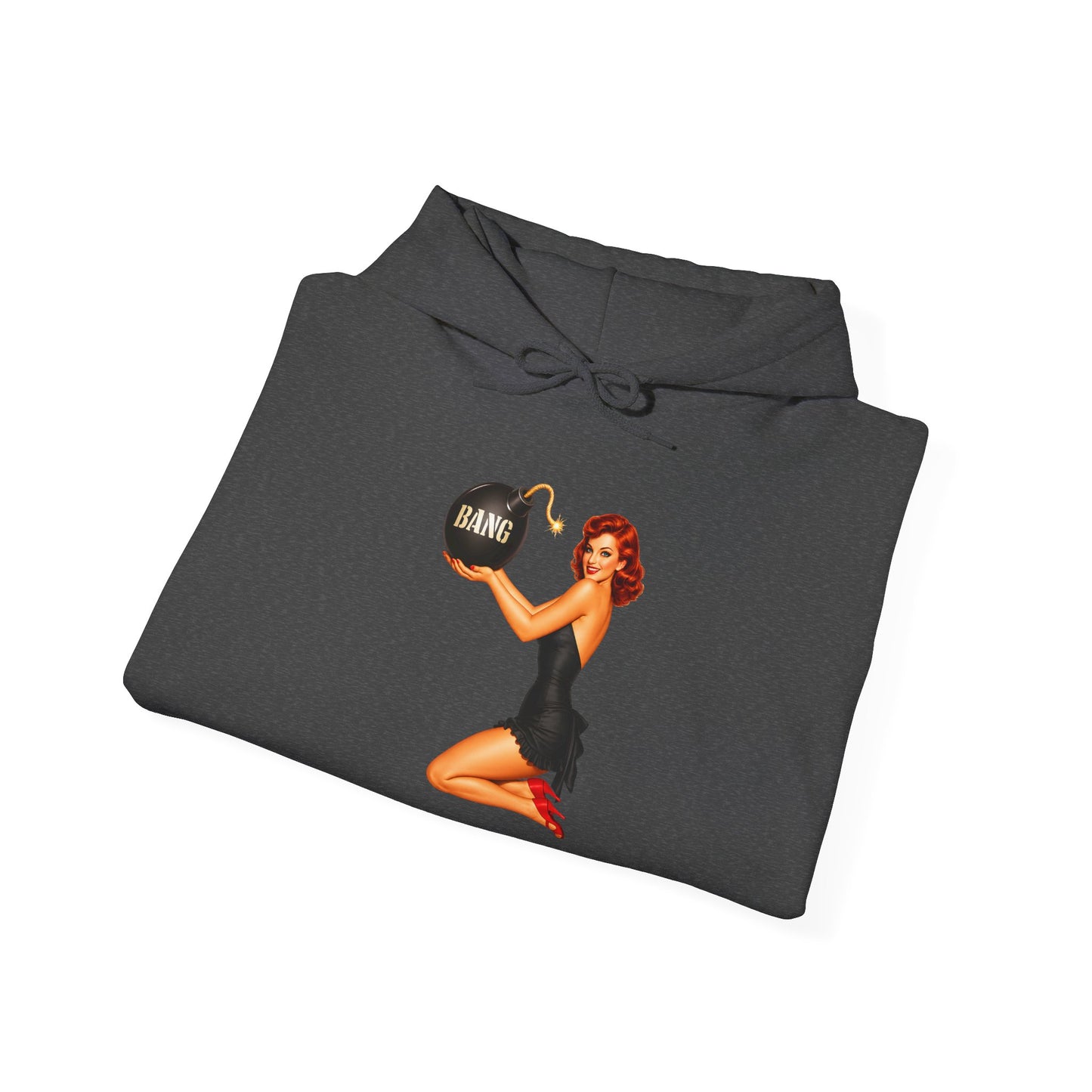 Retro Pin-Up Hoodie — Woman Holding 'Bang!' Bomb Graphic