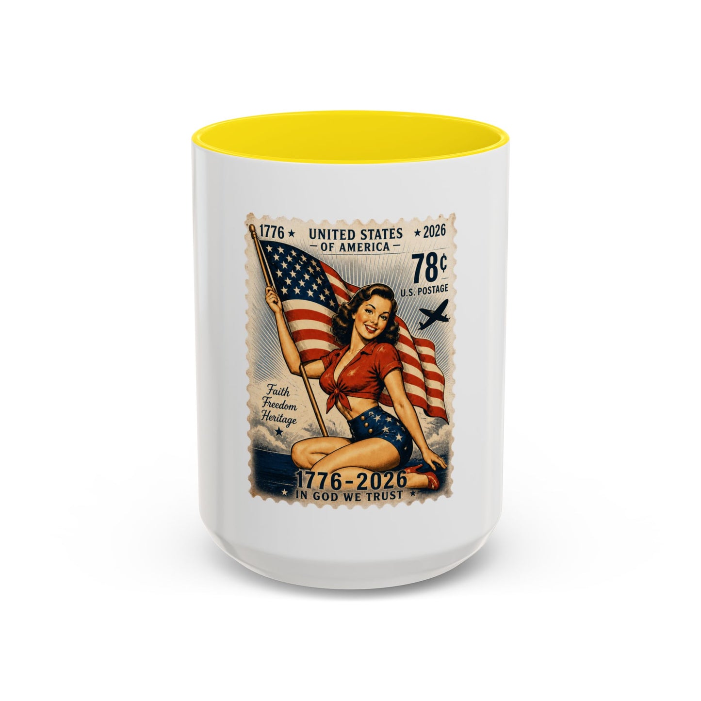 Vintage Patriotic Coffee Mug — 1776–2026 Pinup with American Flag (78 Stamp Design)