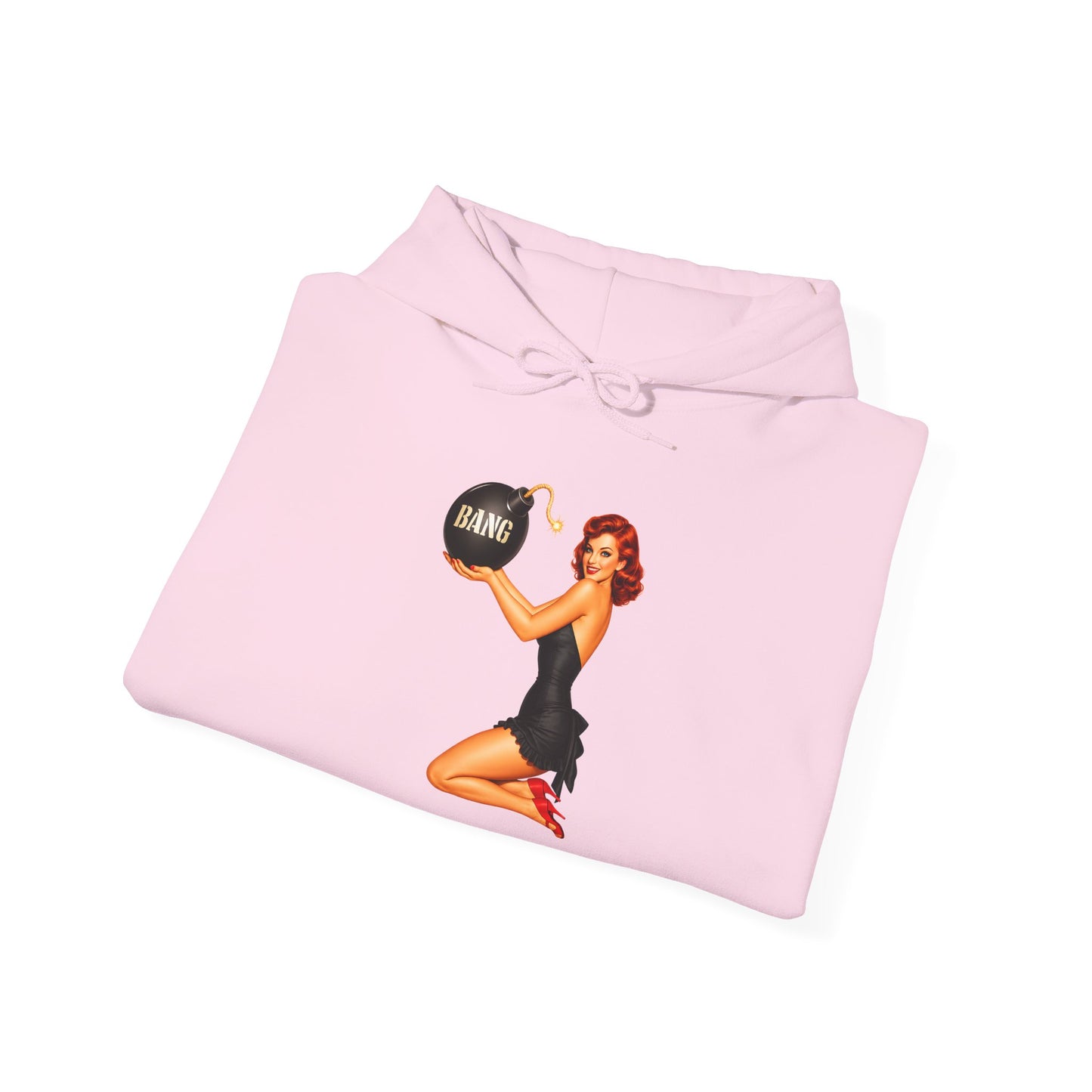 Retro Pin-Up Hoodie — Woman Holding 'Bang!' Bomb Graphic