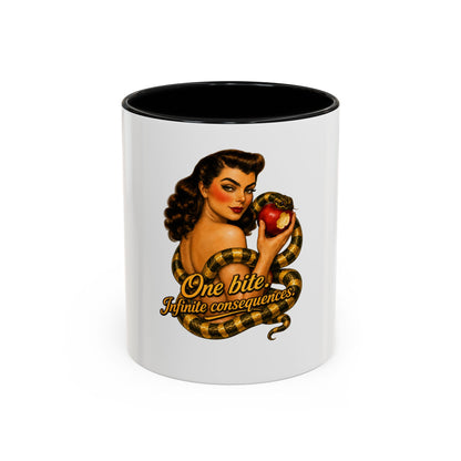 Vintage Pinup Coffee Mug — "One Bite... Infinite Consequences"