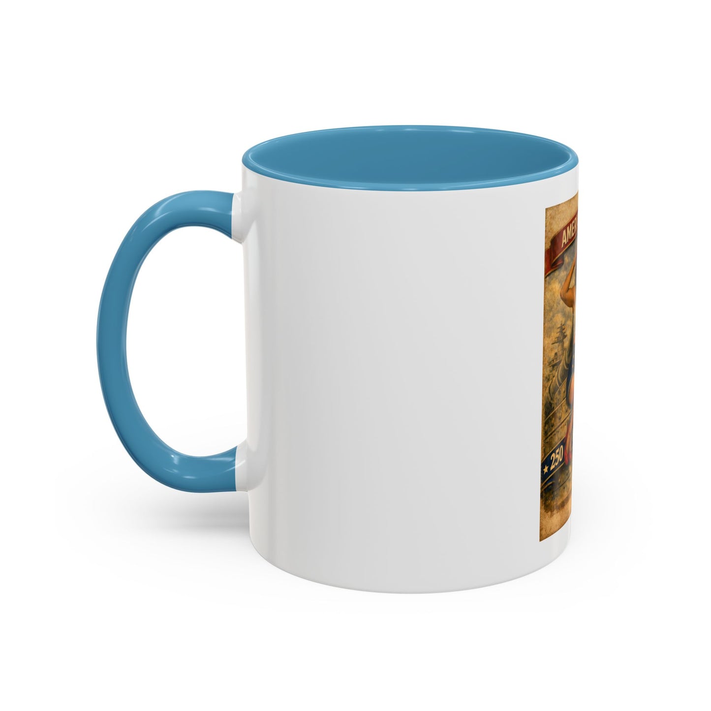 Accent Coffee Mug — Vintage 'American Women 250 Years of Big Guns' Pin-Up Military Design (11oz, 15oz)