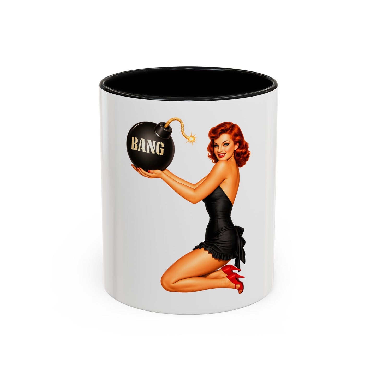 Pinup Bombshell Accent Coffee Mug — Retro 'BANG' Pin-Up Design