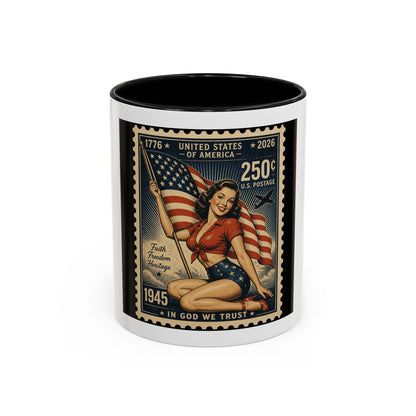 Vintage American Pin-Up Stamp Coffee Mug — Patriotic 1945 “In God We Trust” Accent Mug