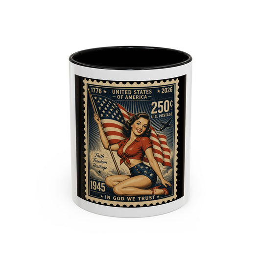 Vintage American Pin-Up Stamp Coffee Mug — Patriotic 1945 “In God We Trust” Accent Mug