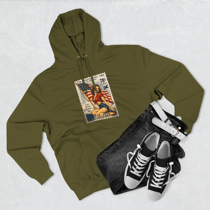 Patriotic Vintage Stamp Hoodie — American Flag & Eagle Graphic
