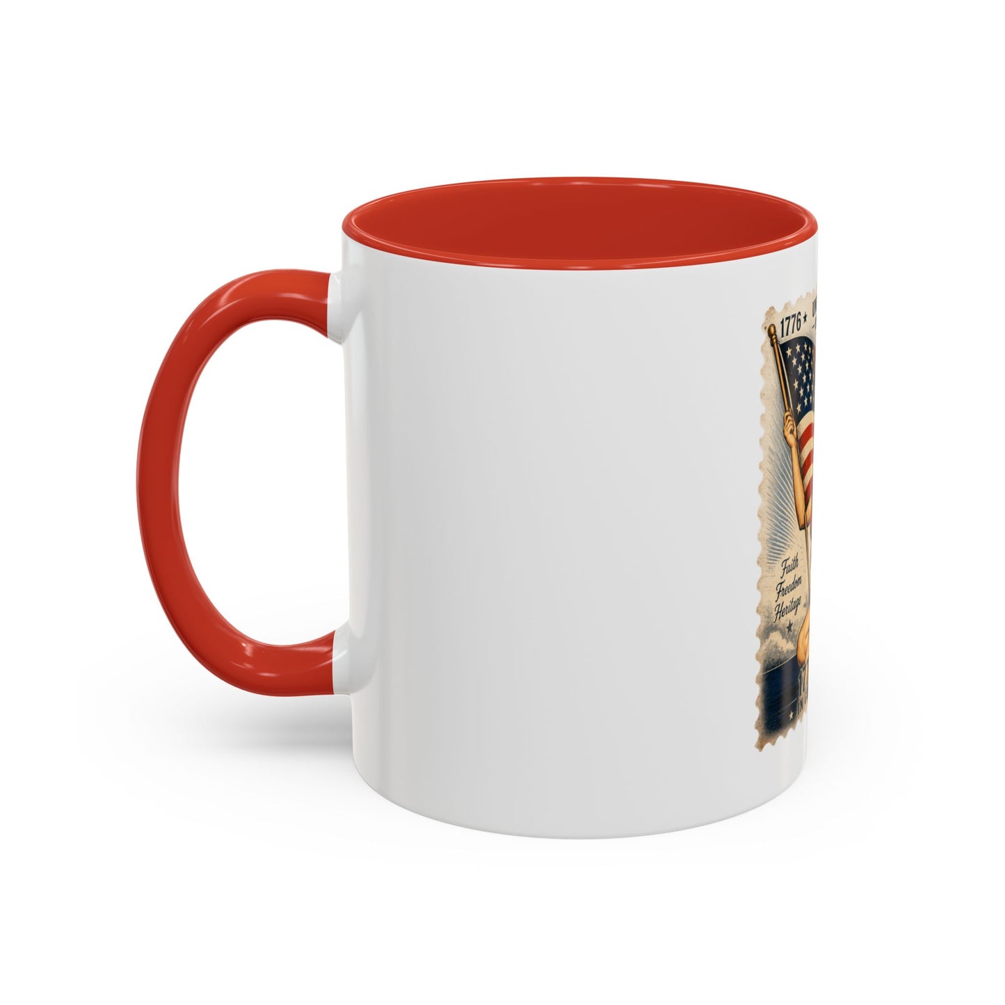 Vintage Patriotic Coffee Mug — 1776–2026 Pinup with American Flag (78 Stamp Design)
