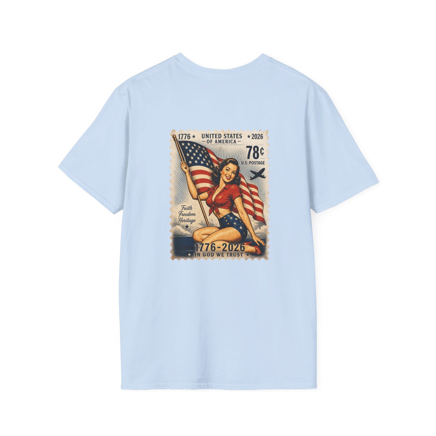Vintage Pin-Up Flag T-Shirt — 1776–2026 Patriotic Stamp Design