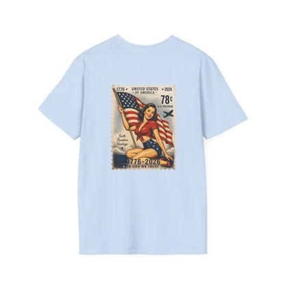 Vintage Pin-Up Flag T-Shirt — 1776–2026 Patriotic Stamp Design