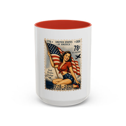 Vintage Patriotic Coffee Mug — 1776–2026 Pinup with American Flag (78 Stamp Design)