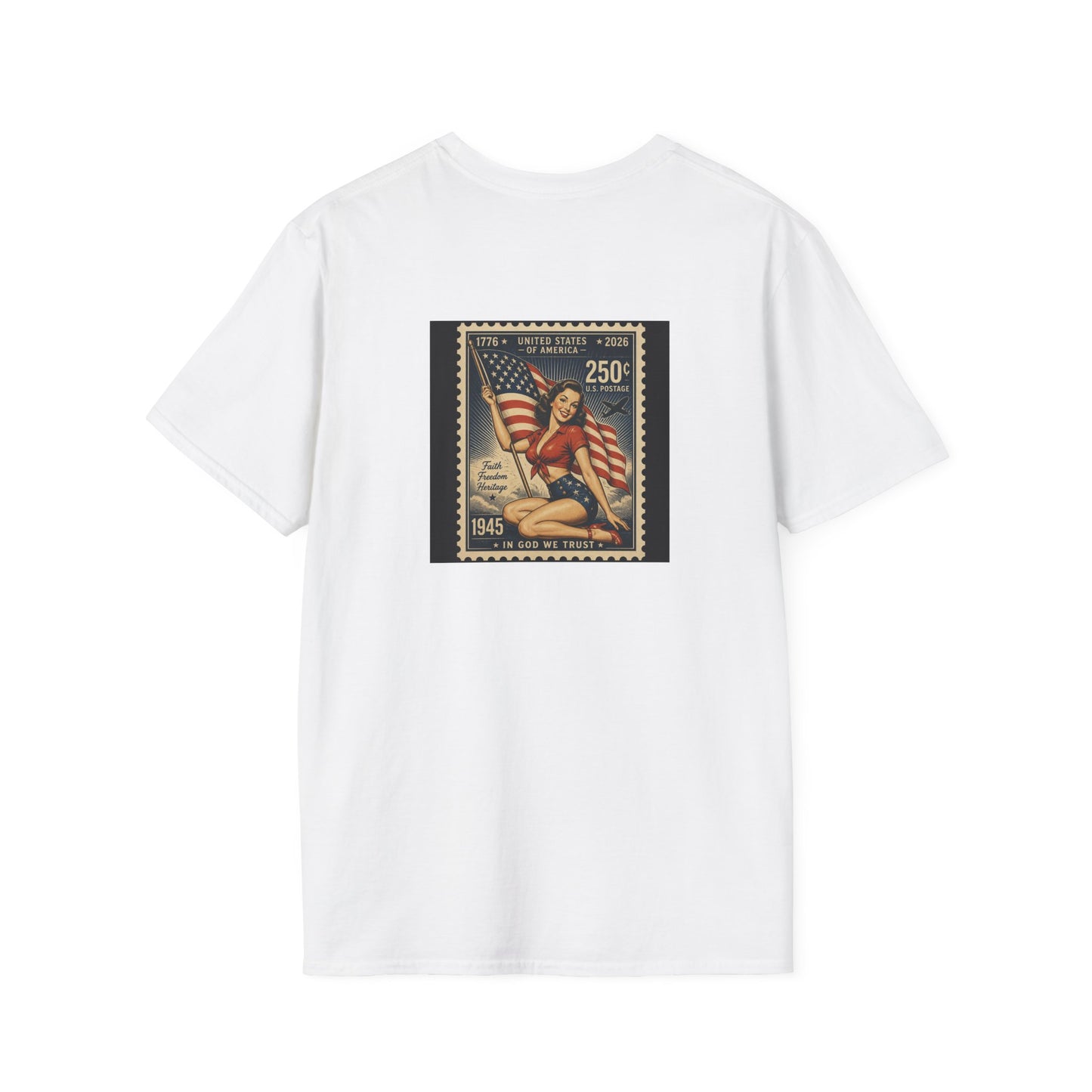 Vintage Patriotic Stamp T-Shirt — 1776–2026 Flag Pinup Graphic Tee