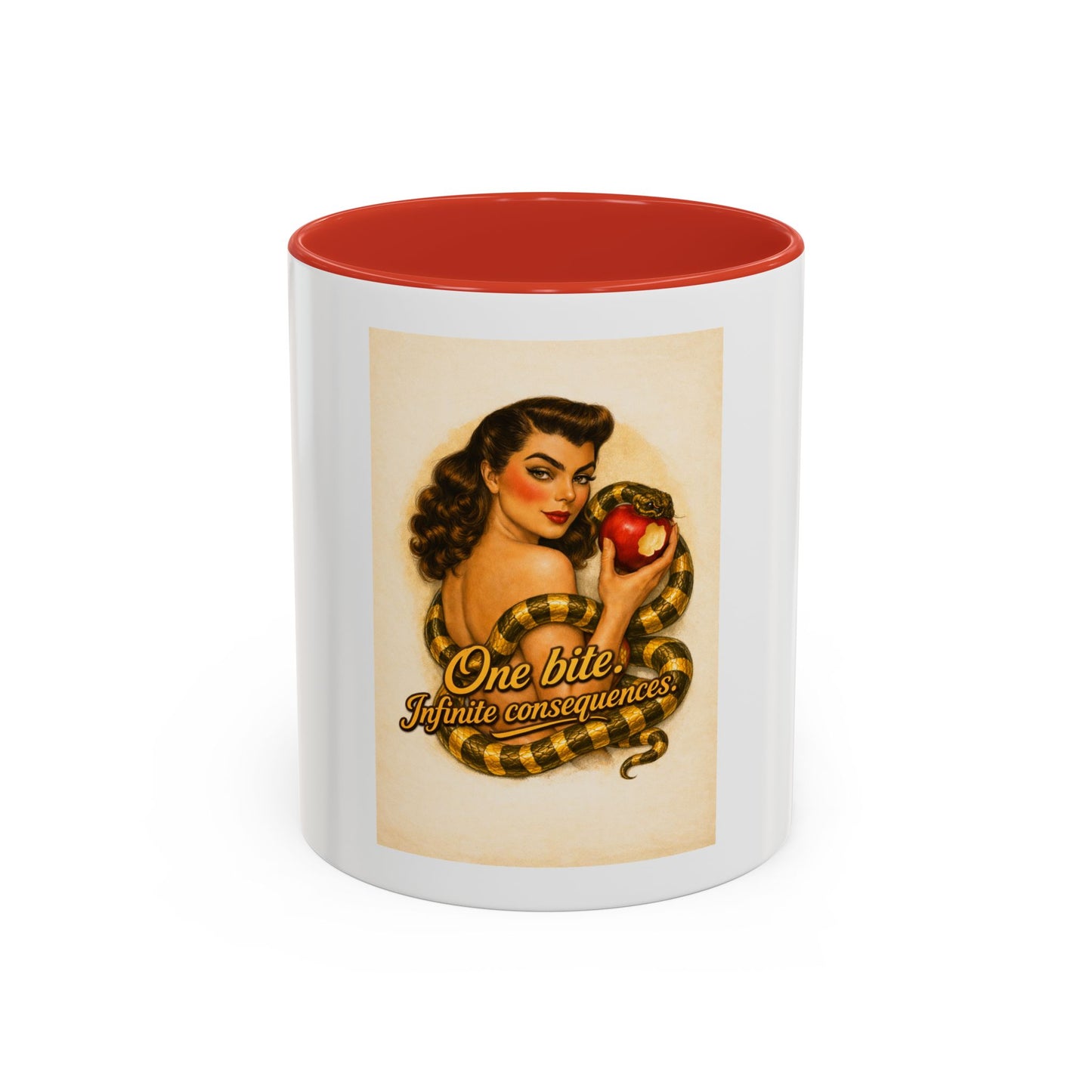 Vintage Pin-Up Coffee Mug – "One Bite Infinite Consequences" Retro Design