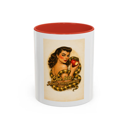 Vintage Pin-Up Coffee Mug – "One Bite Infinite Consequences" Retro Design