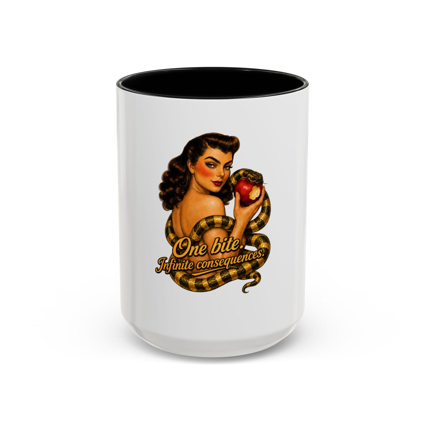 Vintage Pinup Coffee Mug — "One Bite... Infinite Consequences"