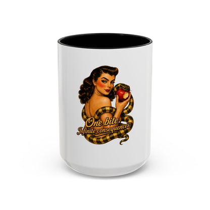 Vintage Pinup Coffee Mug — "One Bite... Infinite Consequences"