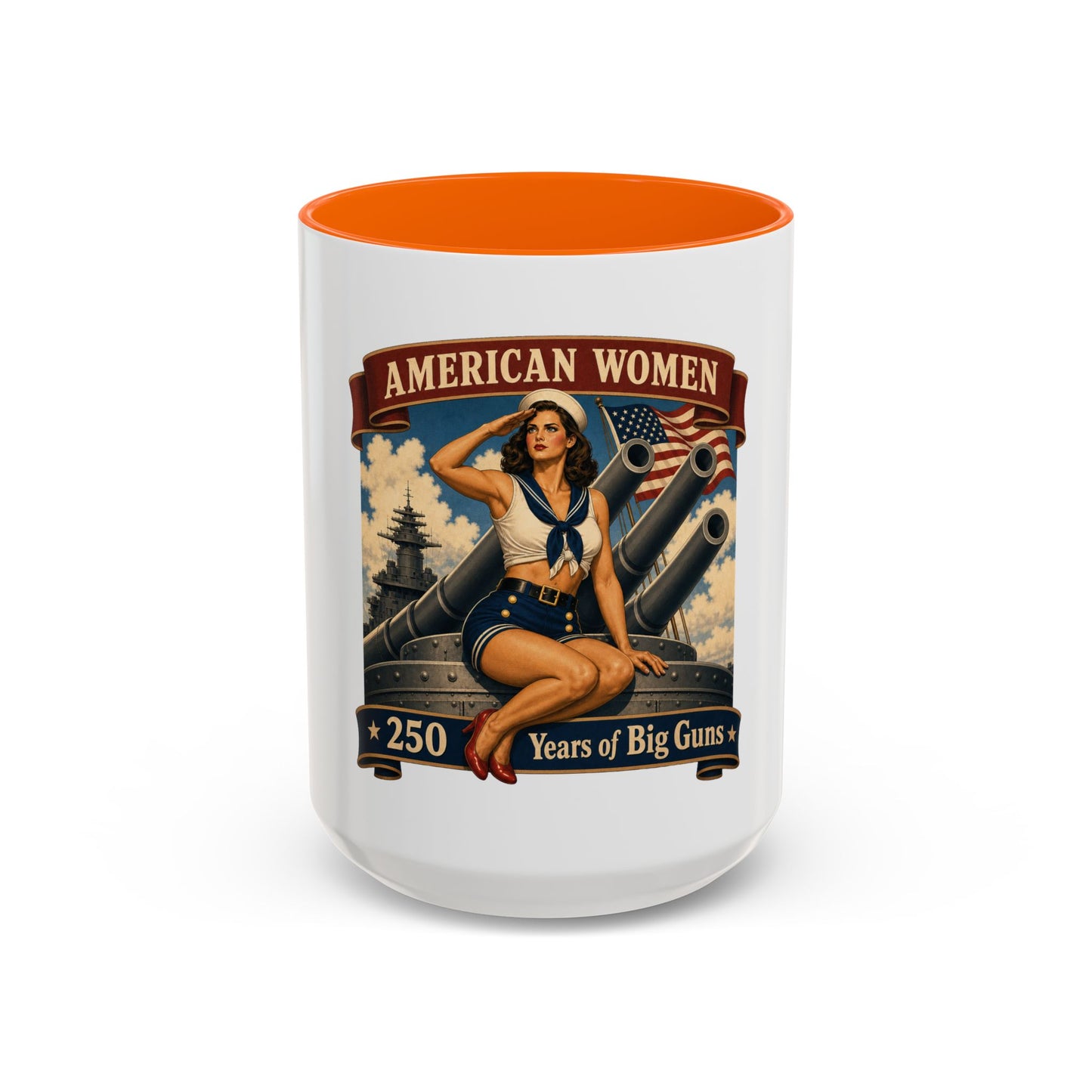 Coffee Mug — "American Women: 250 Years of Big Guns" Vintage Pin-Up Navy Design