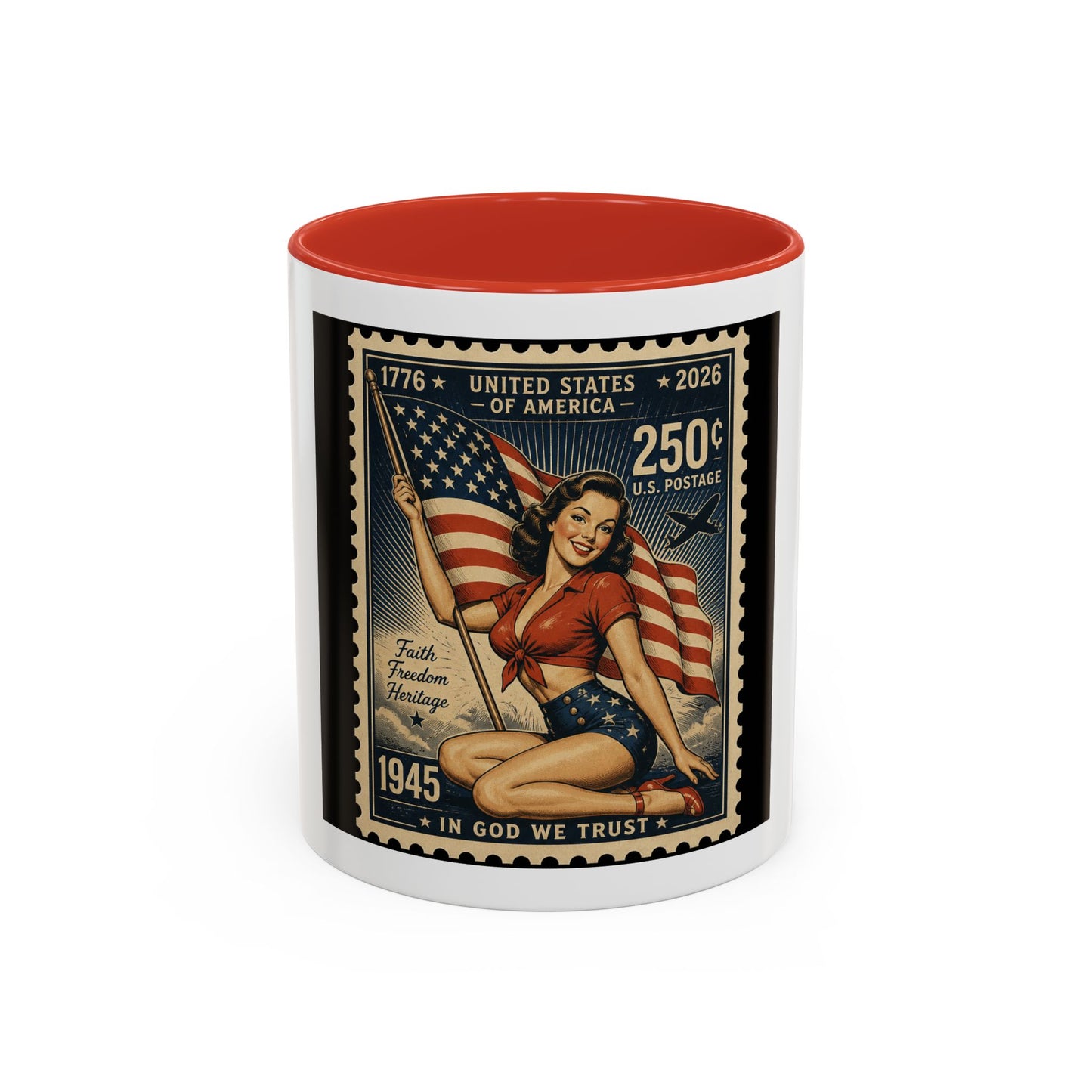 Vintage American Pin-Up Stamp Coffee Mug — Patriotic 1945 “In God We Trust” Accent Mug