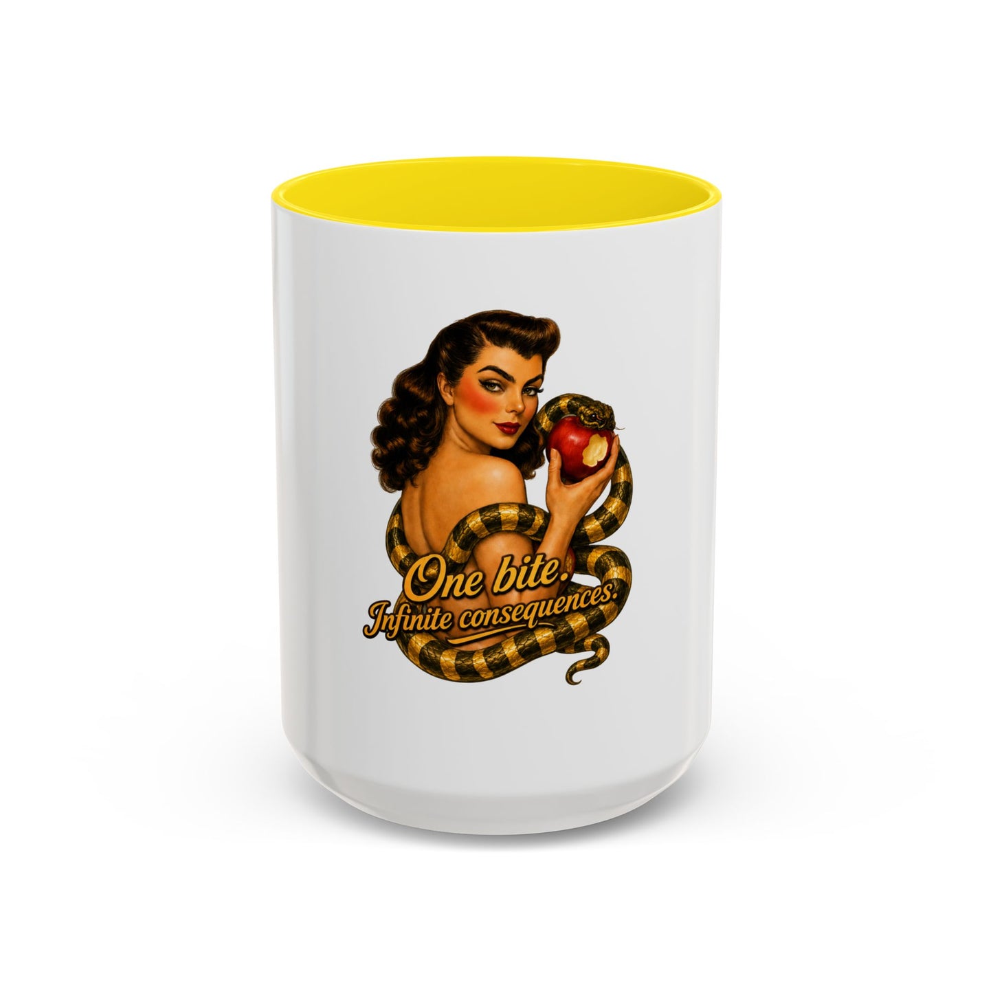 Vintage Pinup Coffee Mug — "One Bite... Infinite Consequences"