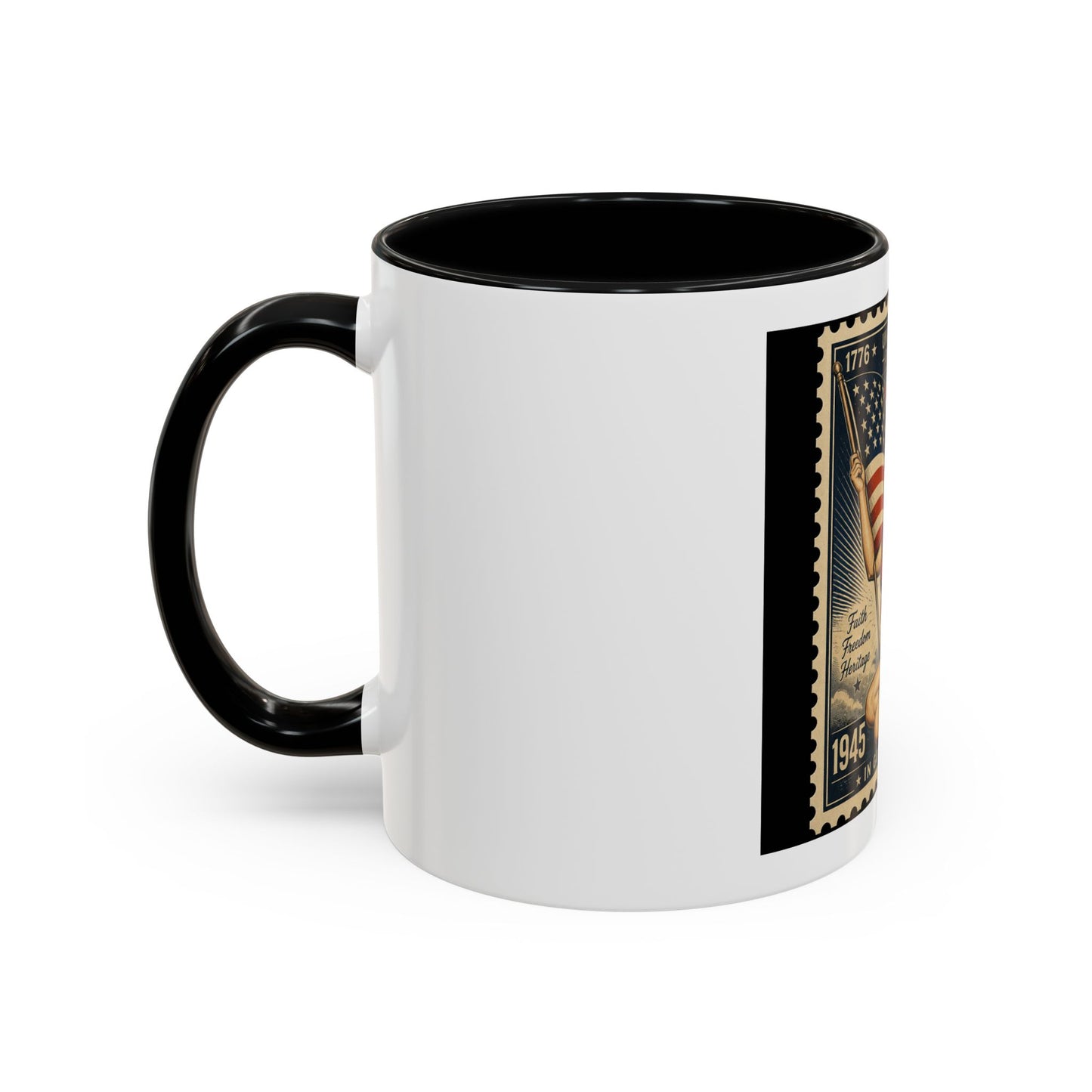 Vintage American Pin-Up Stamp Coffee Mug — Patriotic 1945 “In God We Trust” Accent Mug