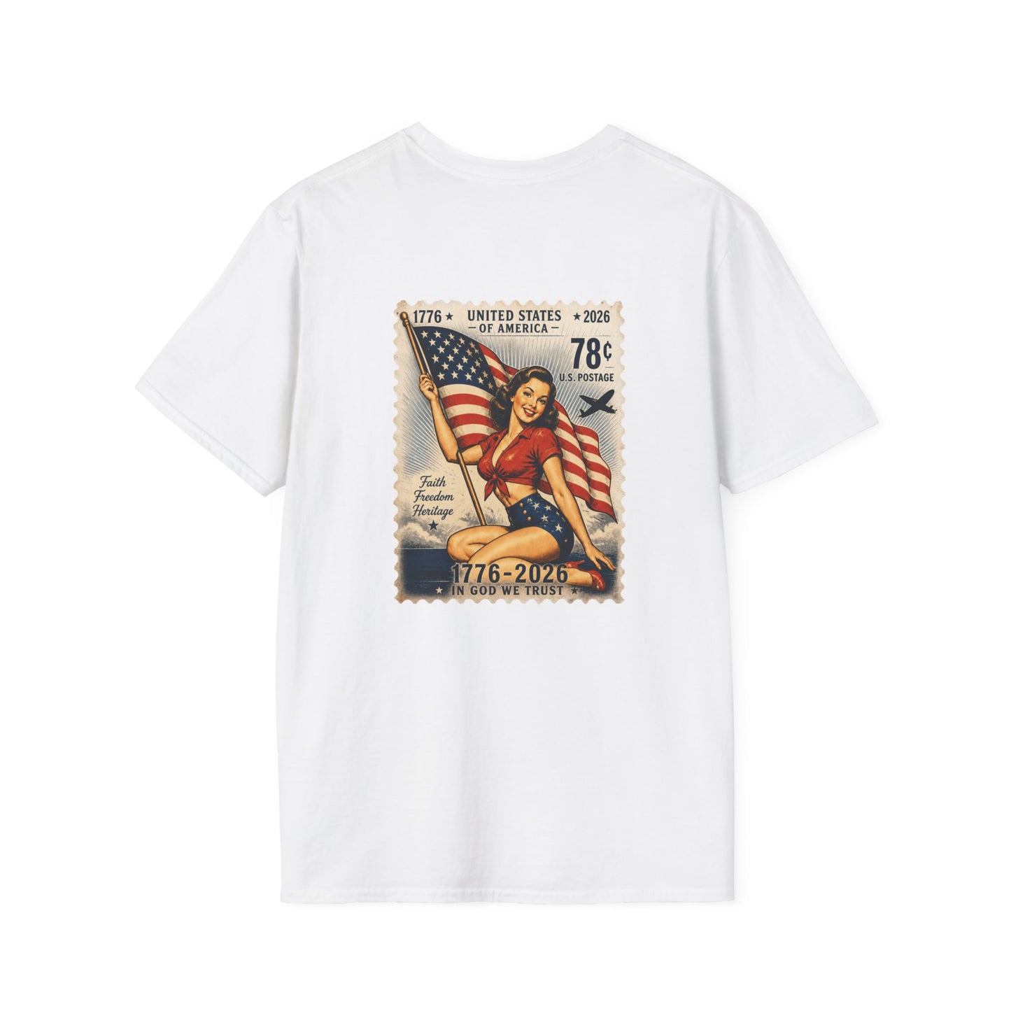 Vintage Pin-Up Flag T-Shirt — 1776–2026 Patriotic Stamp Design
