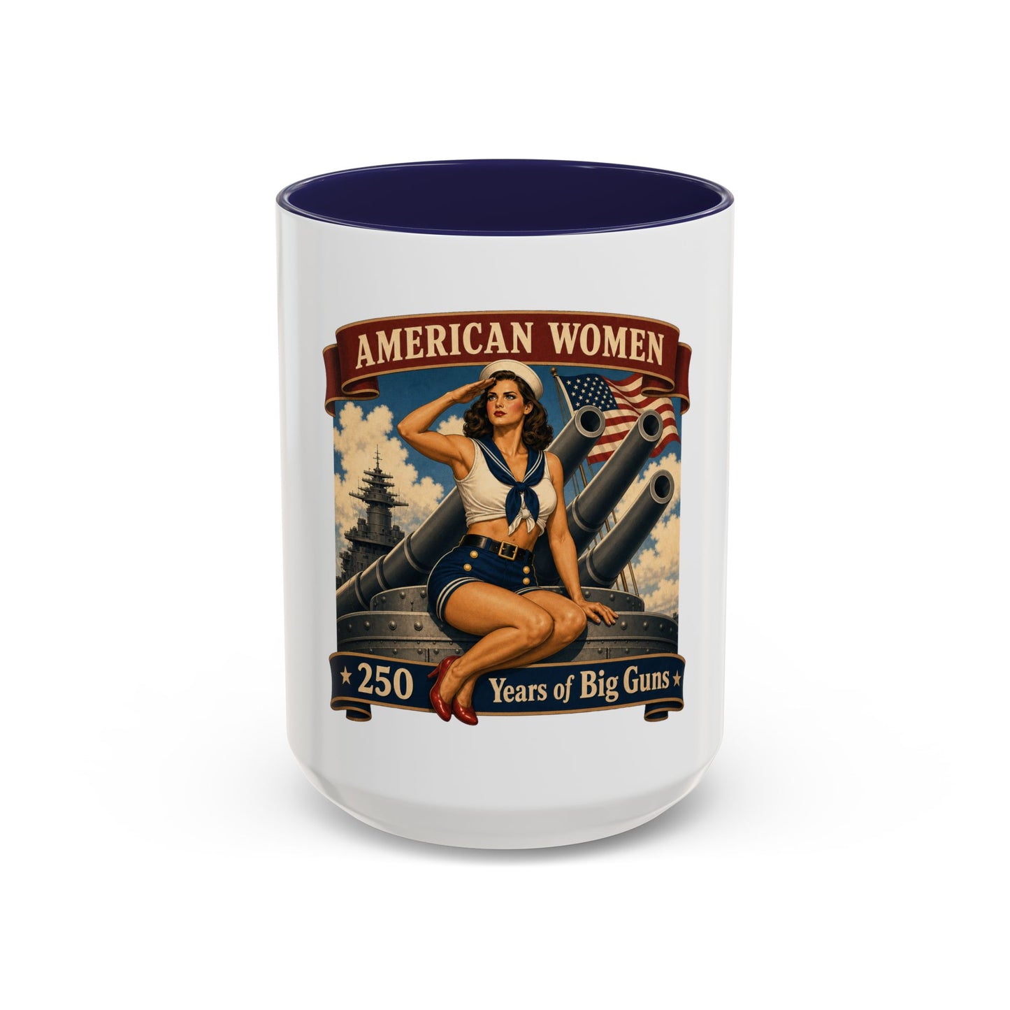 Coffee Mug — "American Women: 250 Years of Big Guns" Vintage Pin-Up Navy Design