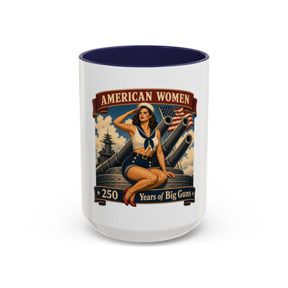 Coffee Mug — "American Women: 250 Years of Big Guns" Vintage Pin-Up Navy Design