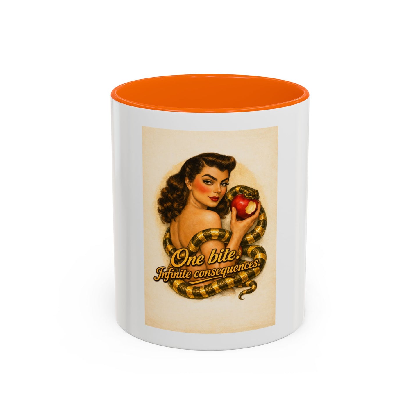 Vintage Pin-Up Coffee Mug – "One Bite Infinite Consequences" Retro Design
