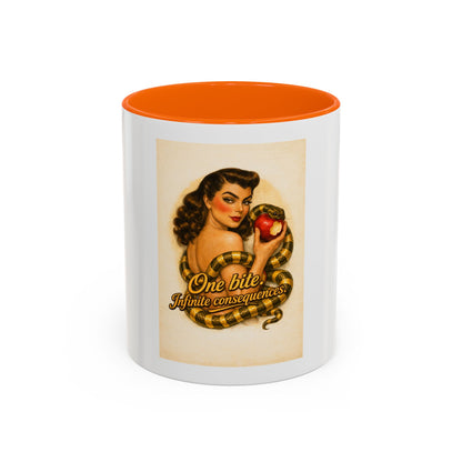 Vintage Pin-Up Coffee Mug – "One Bite Infinite Consequences" Retro Design