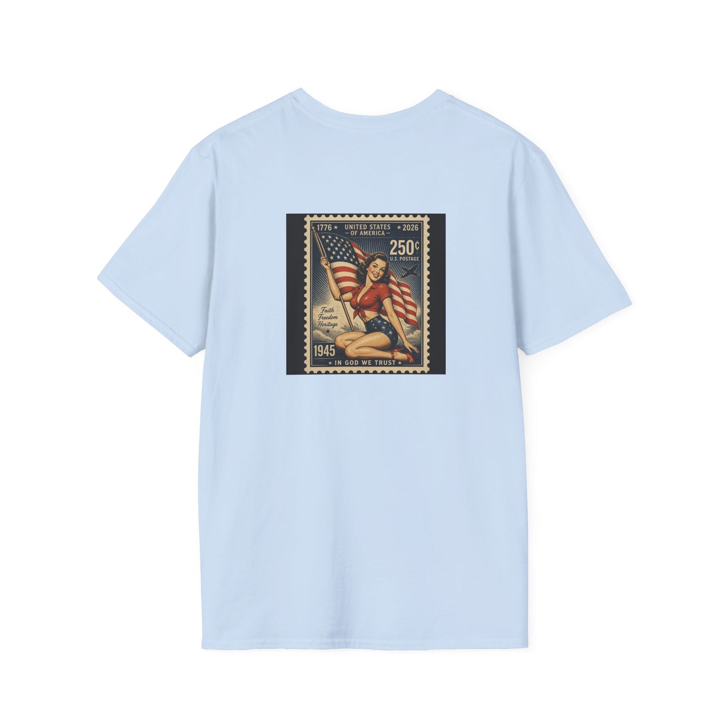 Vintage Patriotic Stamp T-Shirt — 1776–2026 Flag Pinup Graphic Tee