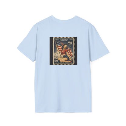 Vintage Patriotic Stamp T-Shirt — 1776–2026 Flag Pinup Graphic Tee