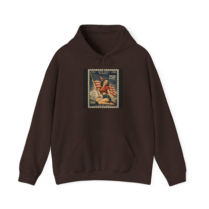 Vintage American Flag Stamp Hoodie — Patriotic Retro Postage Design