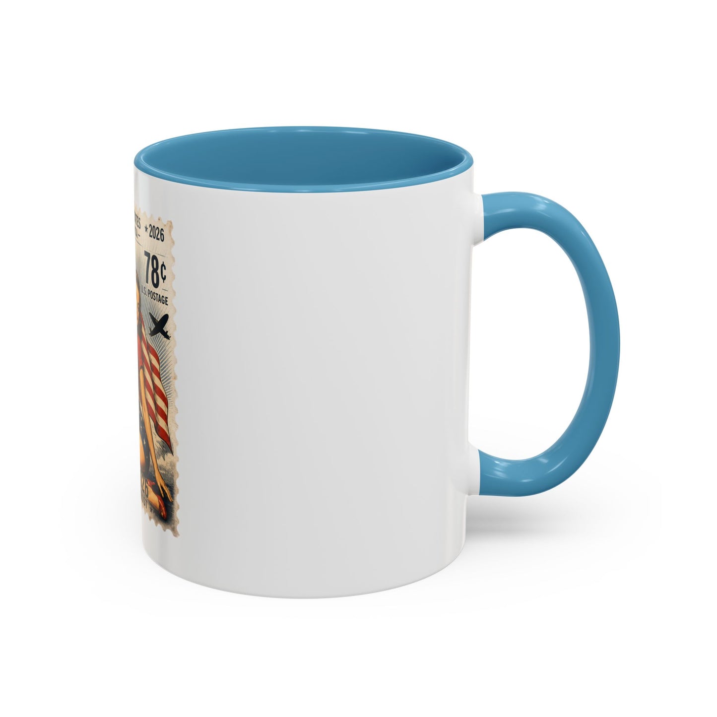 Vintage Patriotic Coffee Mug — 1776–2026 Pinup with American Flag (78 Stamp Design)