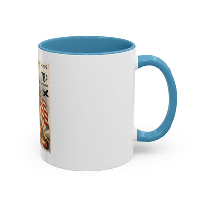 Vintage Patriotic Coffee Mug — 1776–2026 Pinup with American Flag (78 Stamp Design)