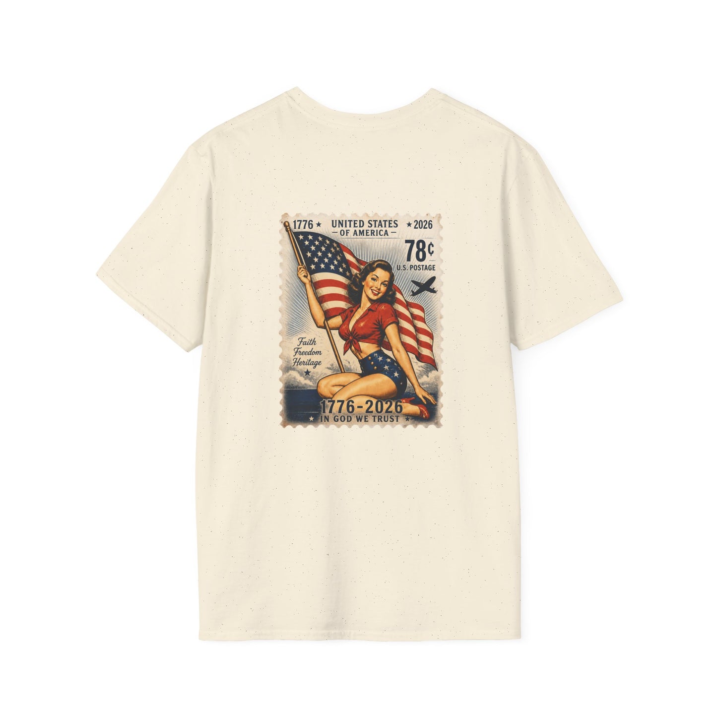 Vintage Pin-Up Flag T-Shirt — 1776–2026 Patriotic Stamp Design