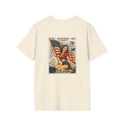 Vintage Pin-Up Flag T-Shirt — 1776–2026 Patriotic Stamp Design