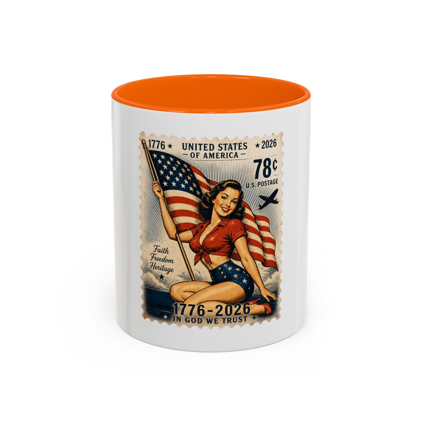 Vintage Patriotic Coffee Mug — 1776–2026 Pinup with American Flag (78 Stamp Design)