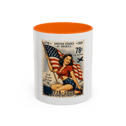 Vintage Patriotic Coffee Mug — 1776–2026 Pinup with American Flag (78 Stamp Design)