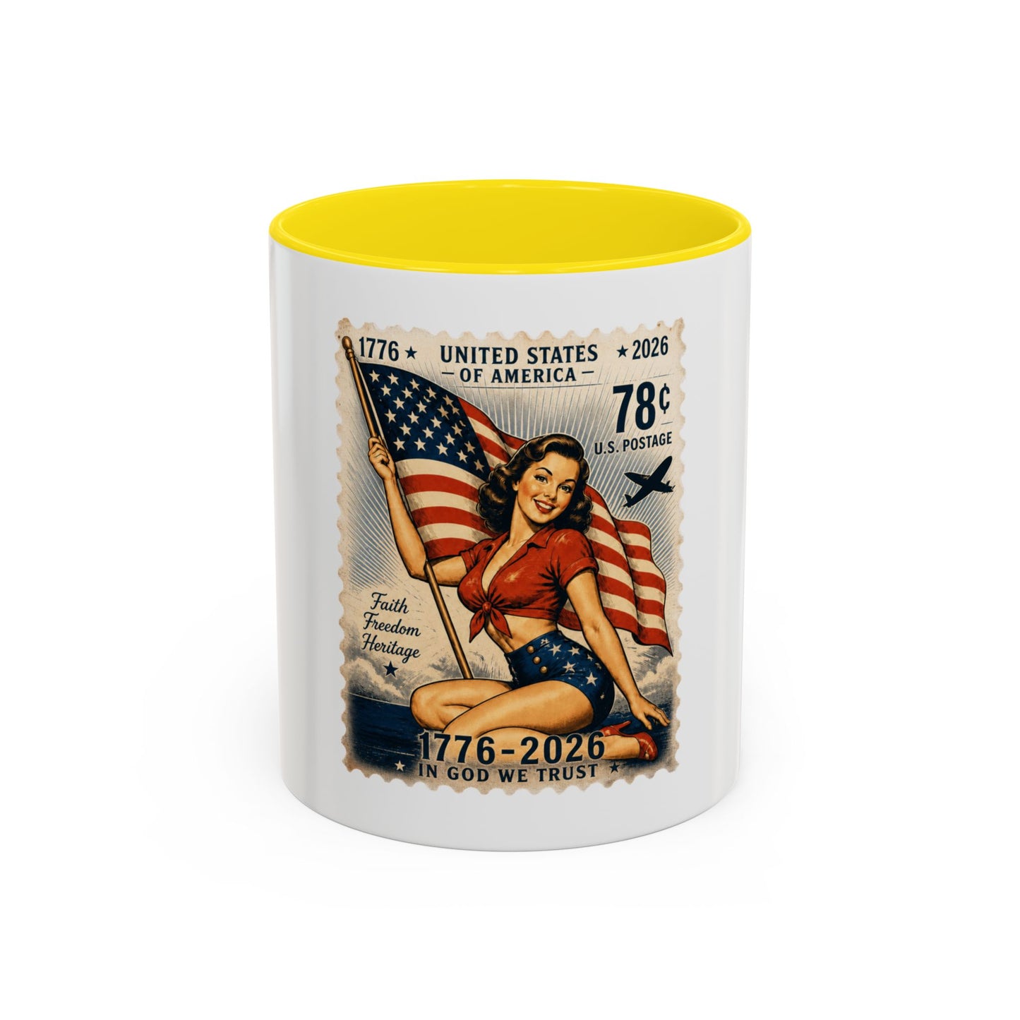 Vintage Patriotic Coffee Mug — 1776–2026 Pinup with American Flag (78 Stamp Design)