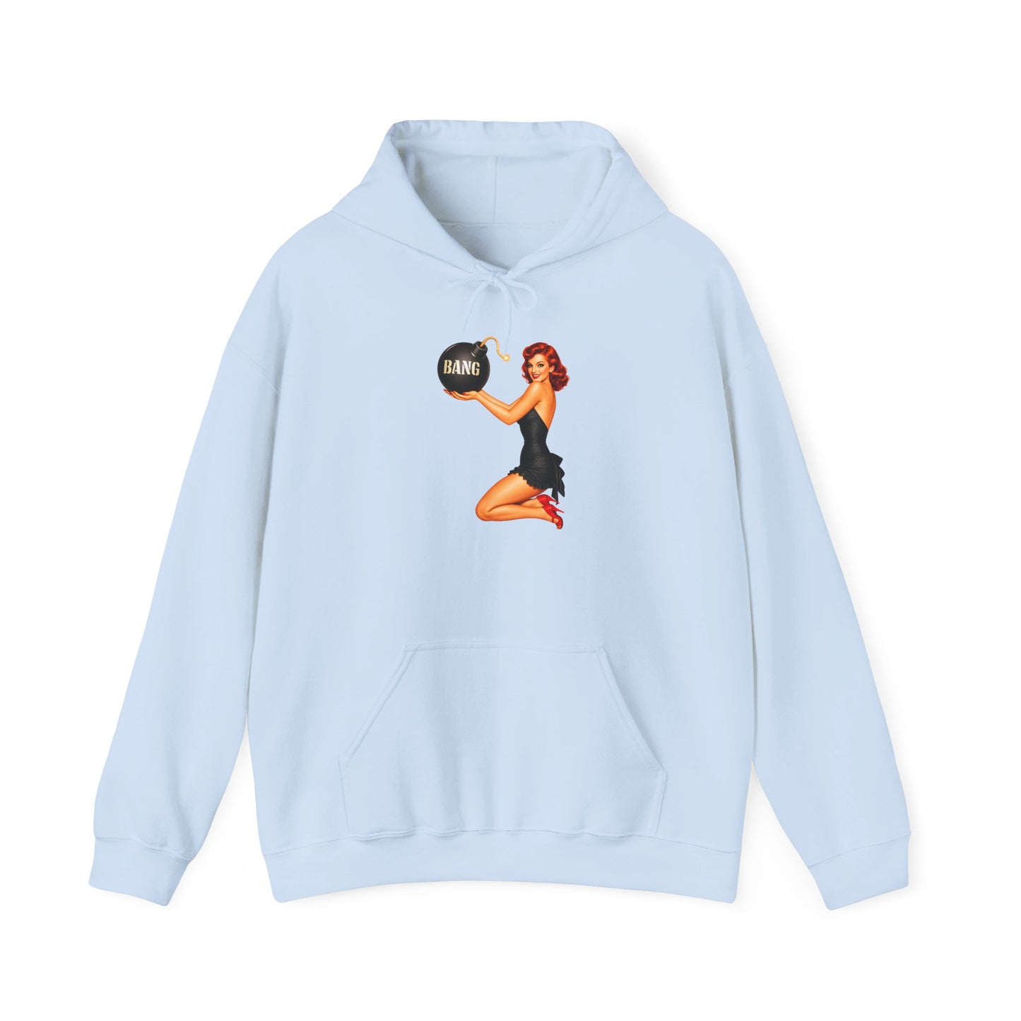 Retro Pin-Up Hoodie — Woman Holding 'Bang!' Bomb Graphic
