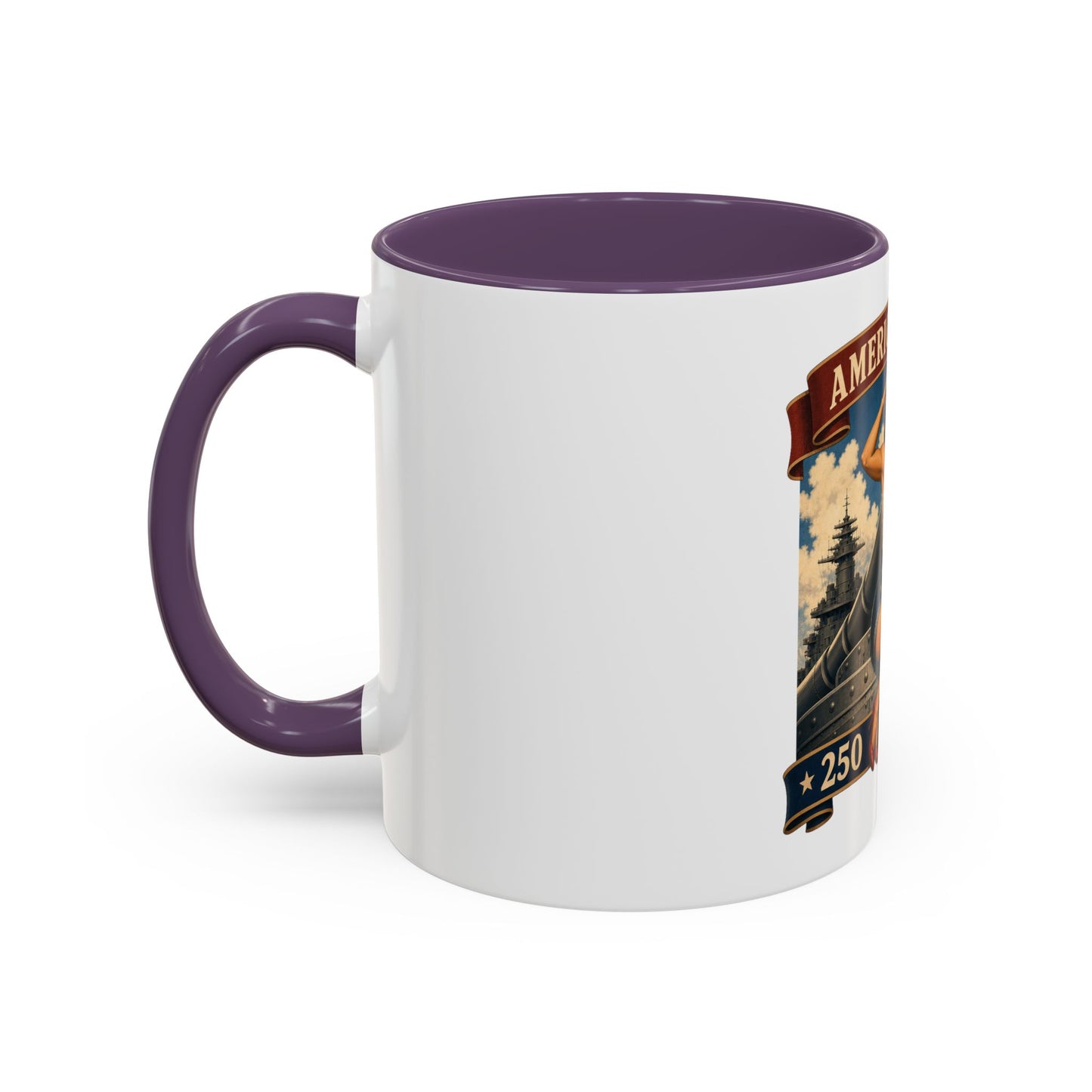 Coffee Mug — "American Women: 250 Years of Big Guns" Vintage Pin-Up Navy Design