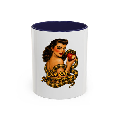 Vintage Pinup Coffee Mug — "One Bite... Infinite Consequences"
