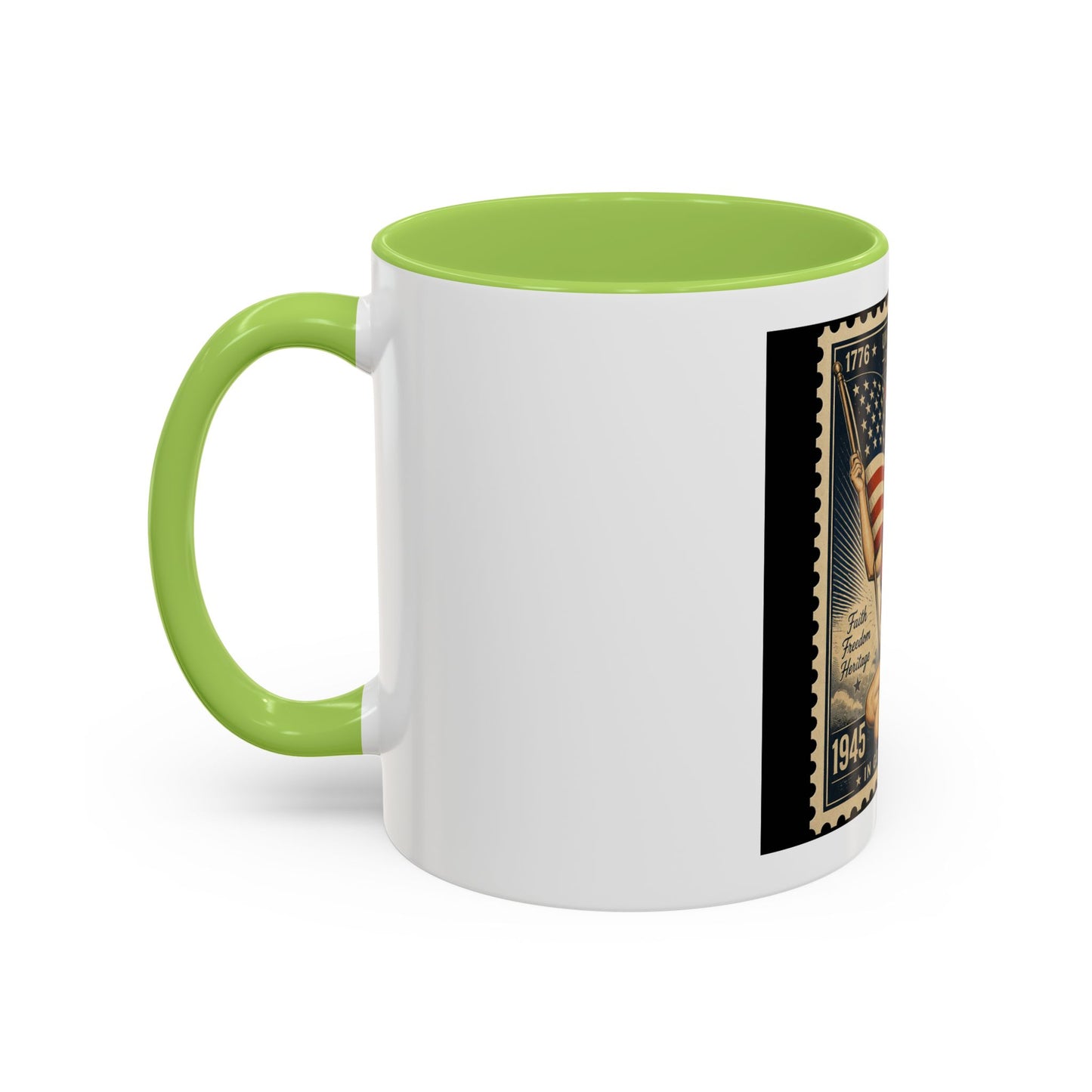 Vintage American Pin-Up Stamp Coffee Mug — Patriotic 1945 “In God We Trust” Accent Mug