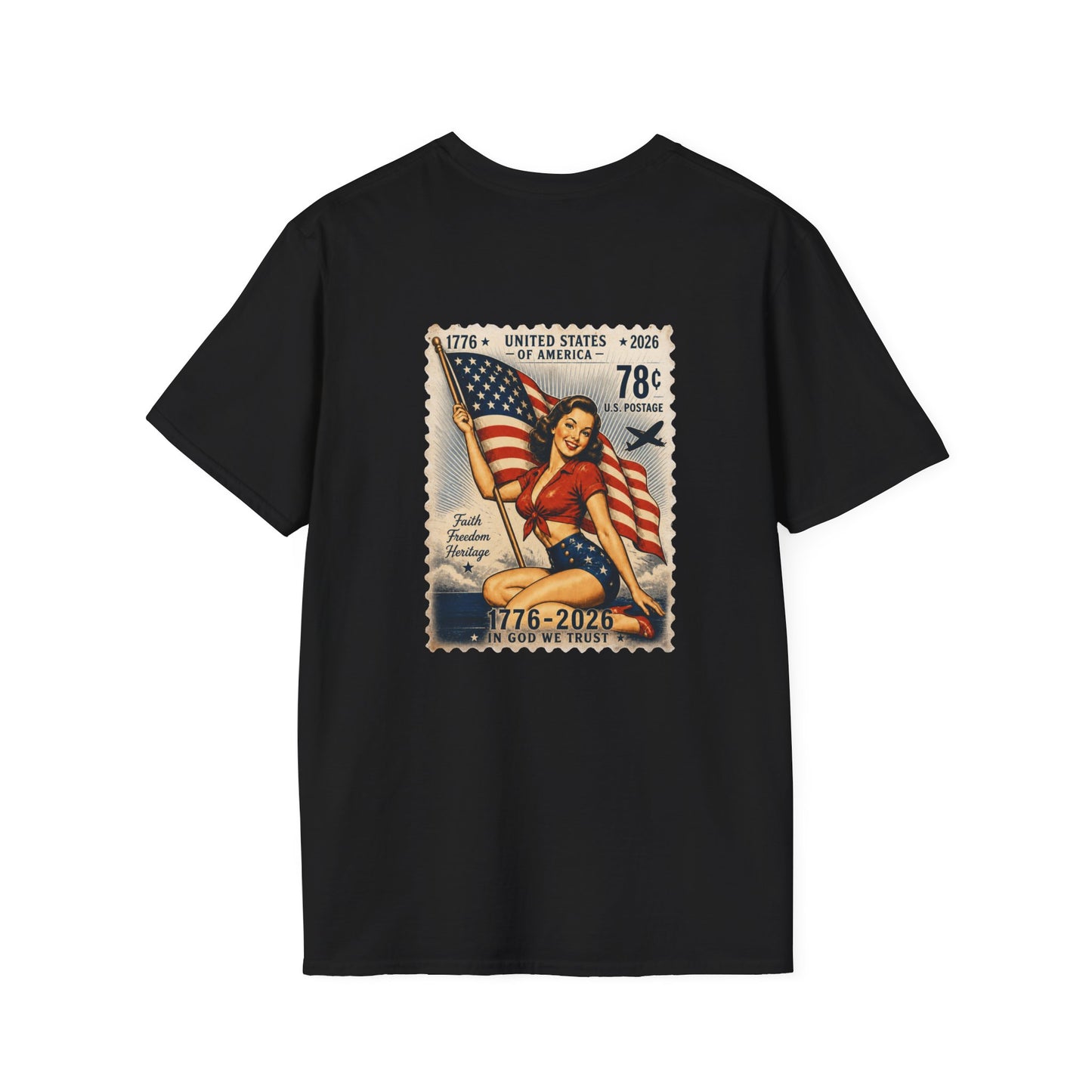 Vintage Pin-Up Flag T-Shirt — 1776–2026 Patriotic Stamp Design