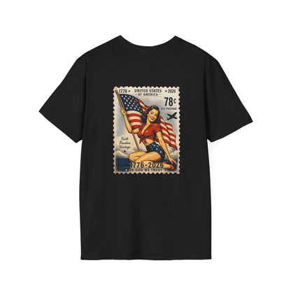 Vintage Pin-Up Flag T-Shirt — 1776–2026 Patriotic Stamp Design