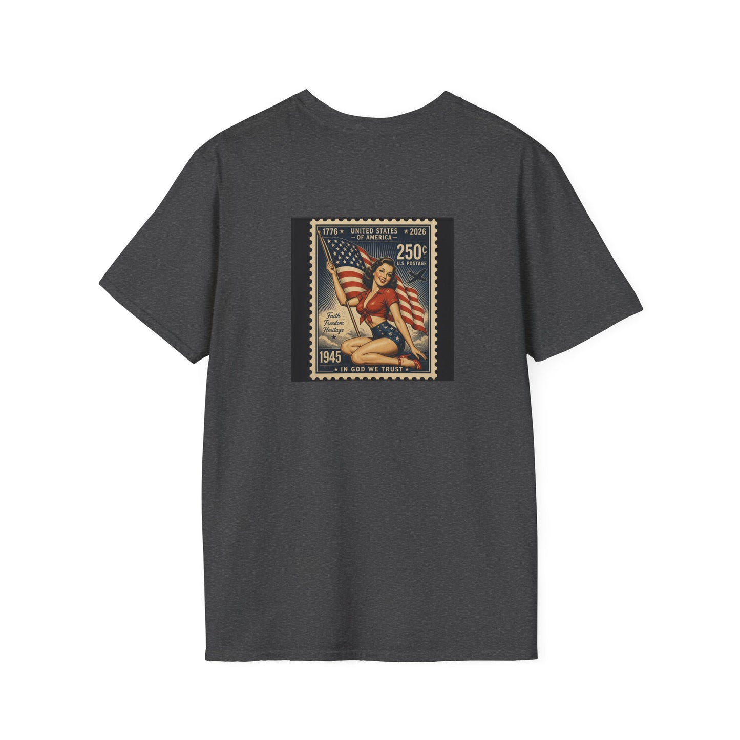 Vintage Patriotic Stamp T-Shirt — 1776–2026 Flag Pinup Graphic Tee