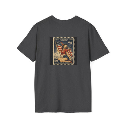 Vintage Patriotic Stamp T-Shirt — 1776–2026 Flag Pinup Graphic Tee