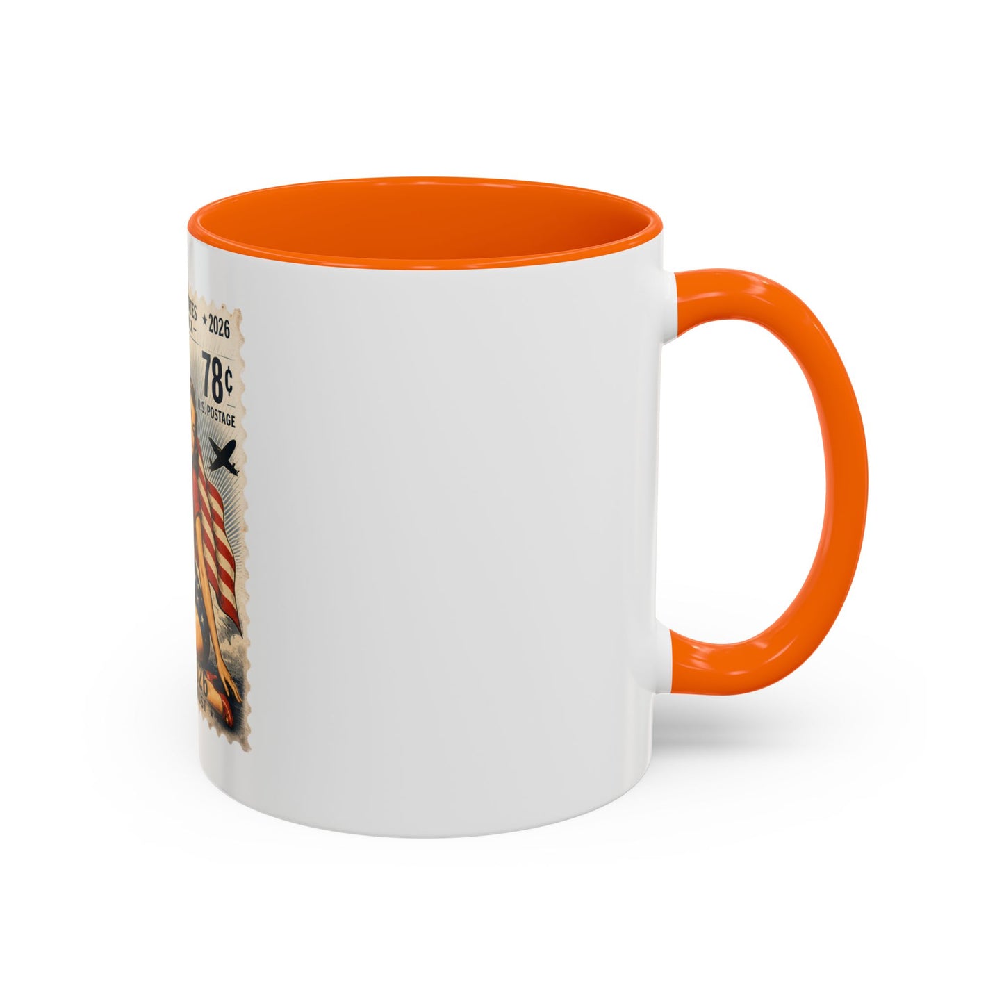 Vintage Patriotic Coffee Mug — 1776–2026 Pinup with American Flag (78 Stamp Design)