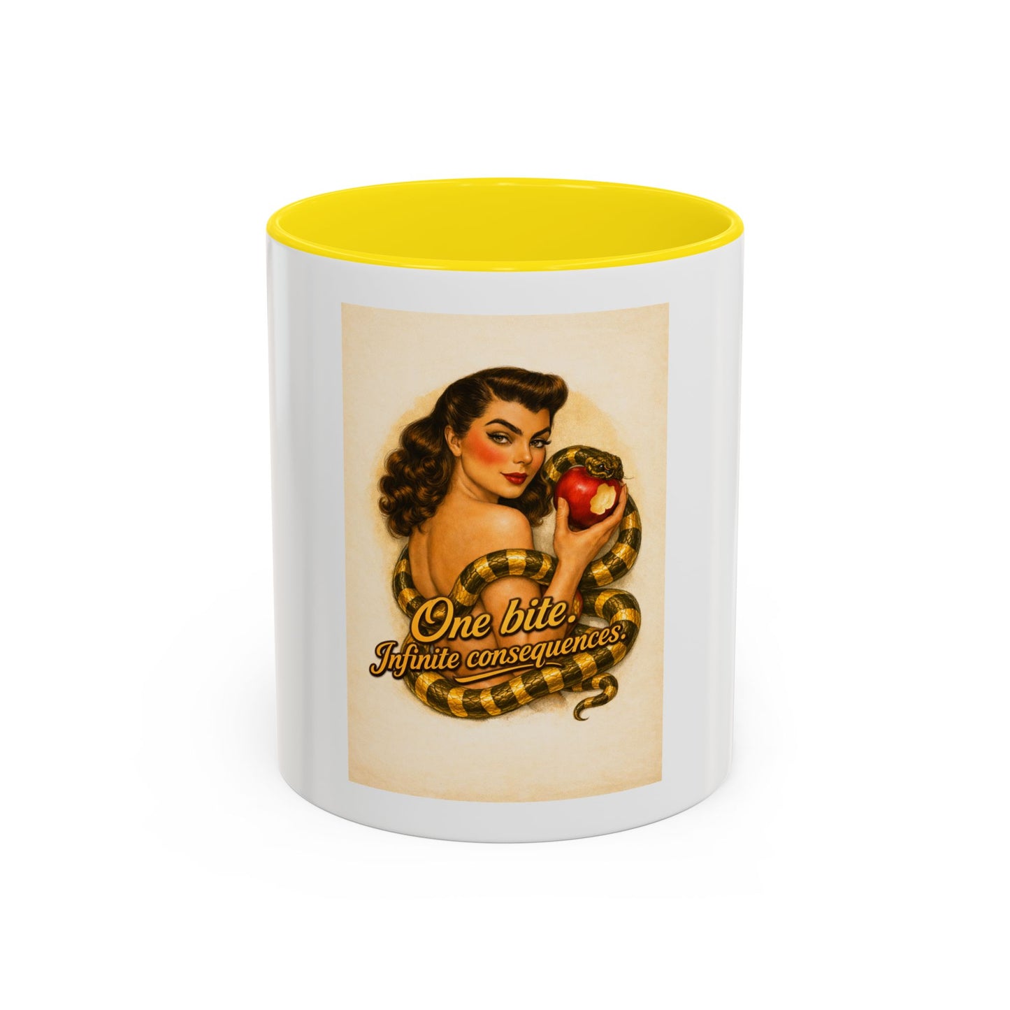 Vintage Pin-Up Coffee Mug – "One Bite Infinite Consequences" Retro Design