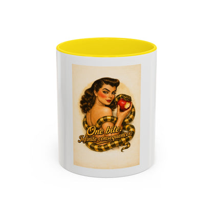 Vintage Pin-Up Coffee Mug – "One Bite Infinite Consequences" Retro Design