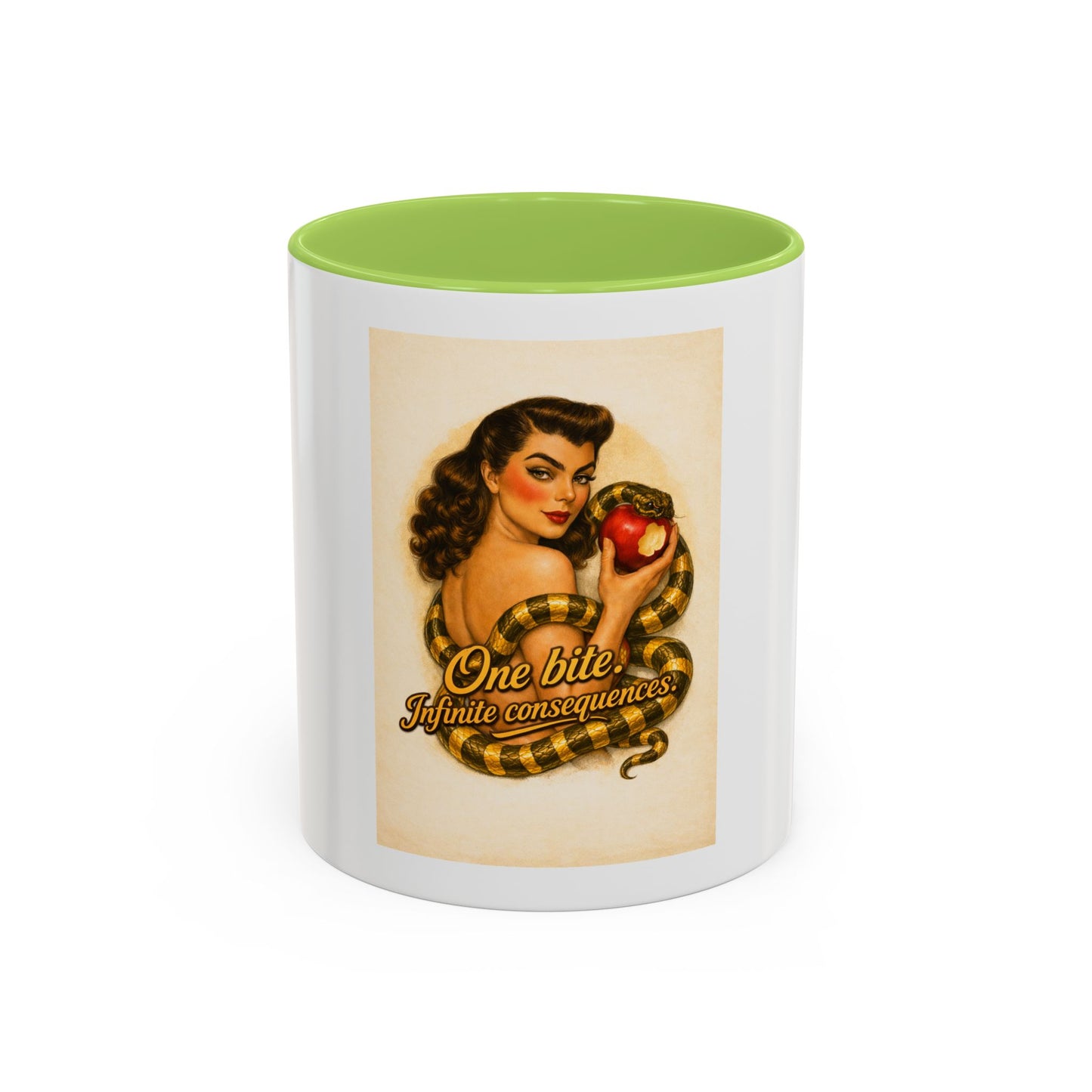 Vintage Pin-Up Coffee Mug – "One Bite Infinite Consequences" Retro Design